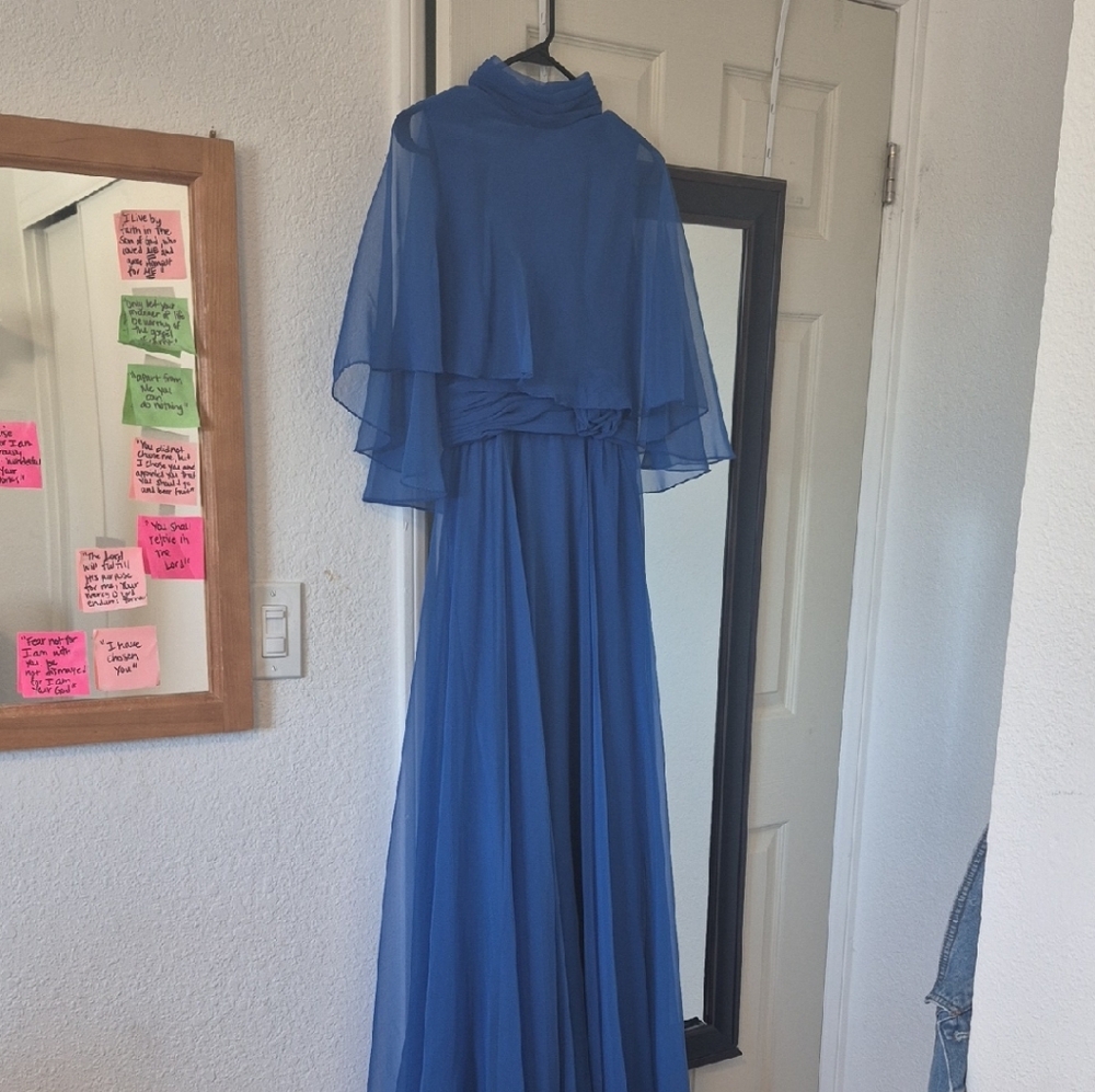 Elegant Blue Evening Gown With Cape Attached